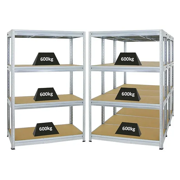 Proregal Schwerlastregal Mega Deal DINO - H x B x T: 180 x 120 x 60 cm, Traglast pro Boden: 600 kg, Anzahl Böden: 4 Stk., Stecken, Verzinkt - Regale aus Metall mit Holzregalböden und Gewichten, die auf den Böden platziert sind. Geeignet für Lager und Werkstatt.