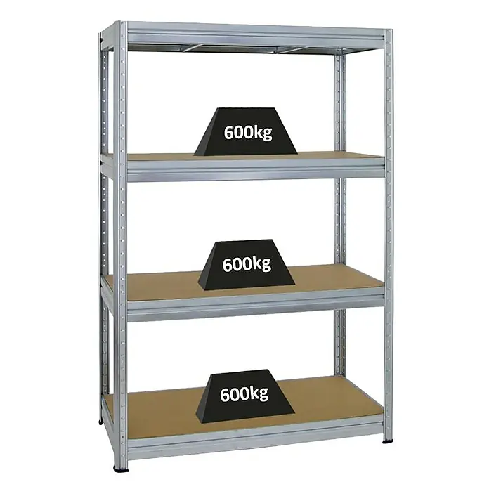 Proregal Schwerlastregal Mega Deal DINO - H x B x T: 180 x 120 x 60 cm, Traglast pro Boden: 600 kg, Anzahl Böden: 4 Stk., Stecken, Verzinkt - Schwerlastregal mit drei Ebenen, jede mit einem Gewicht von 600kg belastet, ideal für Lagerhaltung und Ordnung in Werkstatt oder Lager.