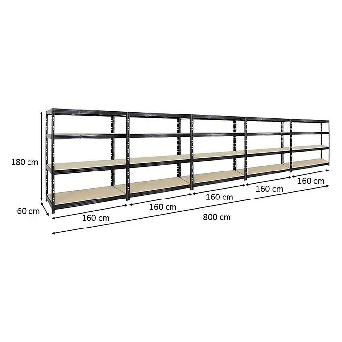 Proregal Schwerlastregal Mega Deal Profi RHINO - Traglast pro Boden: 500 kg, Anzahl Böden: 4 Stk., Stecken, Schwarz - Langes, schwarzes Metallregal mit vier Regalböden und den Maßen 180 cm Höhe, 60 cm Tiefe und 800 cm Breite.