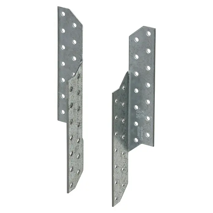 Simpson Strong-Tie Sparrenpfettenanker SPF - L x B: 210 x 34,5 mm - Zwei silberne Simpson Strong-Tie Balkenschuhe mit Befestigungslöchern zur Holzverbindung.
