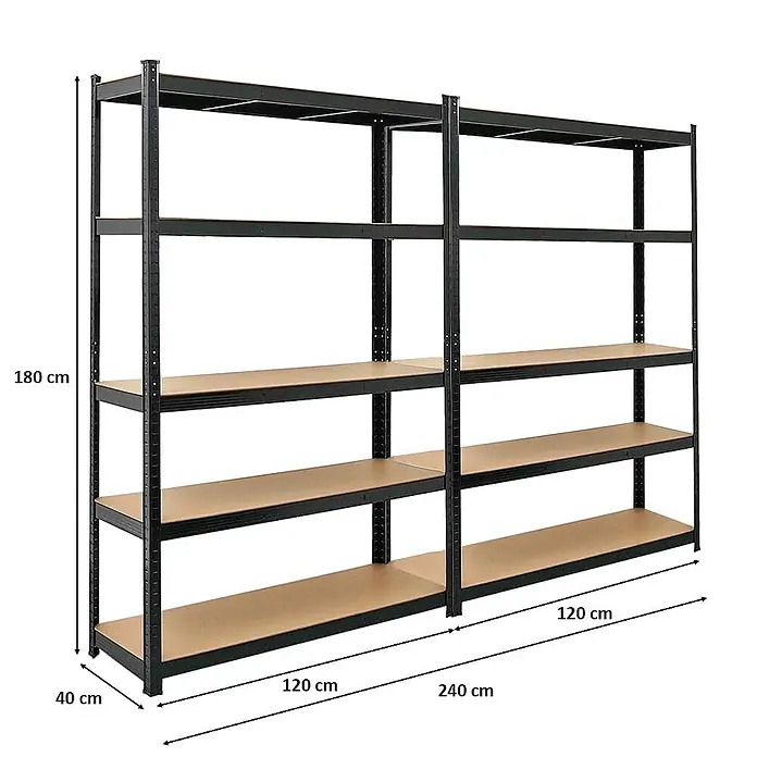 Proregal Schwerlastregal Mega Deal Ragnar - H x B x T: 180 x 120 x 40 cm, Traglast pro Boden: 175 kg, Anzahl Böden: 5 Stk., Stecken, Schwarz - Produktfoto: Schwarzes Metallregal mit 4 Holzböden und Maßangaben für Höhe, Breite und Tiefe, ideal für Lagerung.