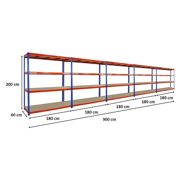 Proregal Schwerlastregal Mega Deal BISON - H x B x T: 200 x 180 x 60 cm, Traglast pro Boden: 600 kg, Anzahl Böden: 4 Stk., Stecken, Blau-Orange - Ein langes, mehrstöckiges Lagerregal aus Metall mit roten Regalböden und blauen Pfosten, ideal für die Organisation von Lagerflächen.