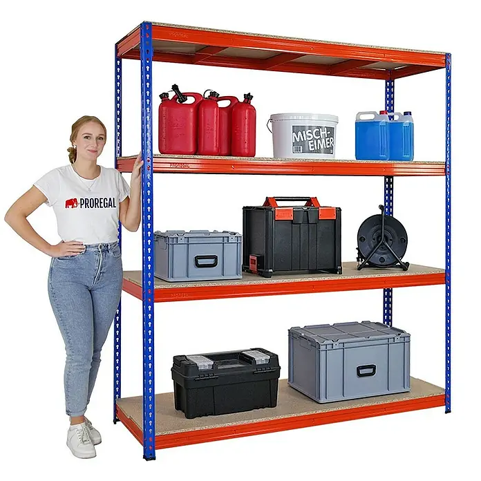 Proregal Schwerlastregal Mega Deal BISON - H x B x T: 200 x 180 x 60 cm, Traglast pro Boden: 600 kg, Anzahl Böden: 4 Stk., Stecken, Blau-Orange - Vielseitiges Schwerlastregal mit vier Ebenen zur Lagerung von Werkzeugen und Behältern, ideal für Werkstatt oder Lagerraum.