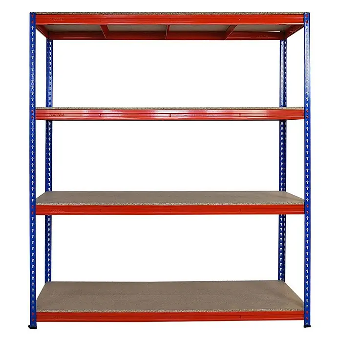 Proregal Schwerlastregal Mega Deal BISON - H x B x T: 200 x 180 x 60 cm, Traglast pro Boden: 600 kg, Anzahl Böden: 4 Stk., Stecken, Blau-Orange - Dieses Bild zeigt ein Schwerlastregal mit vier Ablagen, ideal für Lager und Werkstätten. Das Regal ist stabil und belastbar.