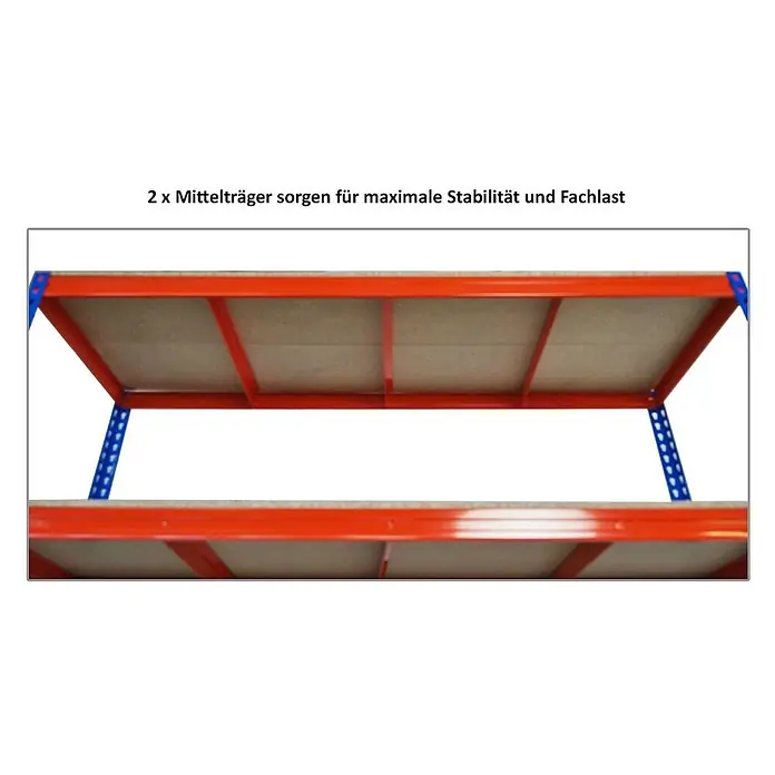 Proregal Schwerlastregal Mega Deal BISON - H x B x T: 200 x 180 x 60 cm, Traglast pro Boden: 600 kg, Anzahl Böden: 4 Stk., Stecken, Blau-Orange - 2 Mittelträger sorgen für Stabilität und Fachlast. Das Bild zeigt Regale mit rotem Rahmen und blauen Eckverbindungen für maximale Stabilität.