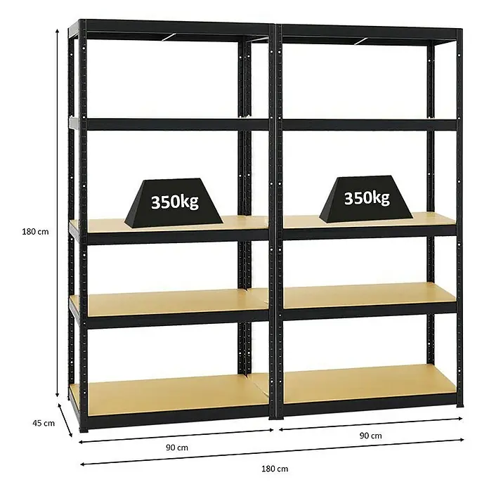 Proregal Schwerlastregal Mega Deal Slim Elephant S - Traglast pro Boden: 350 kg, Anzahl Böden: 5 Stk., Stecken, Schwarz - Bild eines Schwerlastregals mit vier Böden, belastbar mit bis zu 350 kg pro Boden, in Schwarz und Beige.