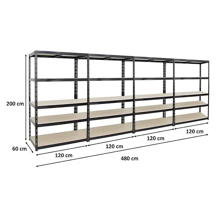 Proregal Schwerlastregal Mega Deal Giant Tiger - Traglast pro Boden: 265 kg, Anzahl Böden: 5 Stk., Stecken, Schwarz - Das Bild zeigt ein schwarzes Schwerlastregal mit vier Regalböden und den Maßen 200x60x480 cm. Ideal für Lagerung in Werkstatt oder Garage.