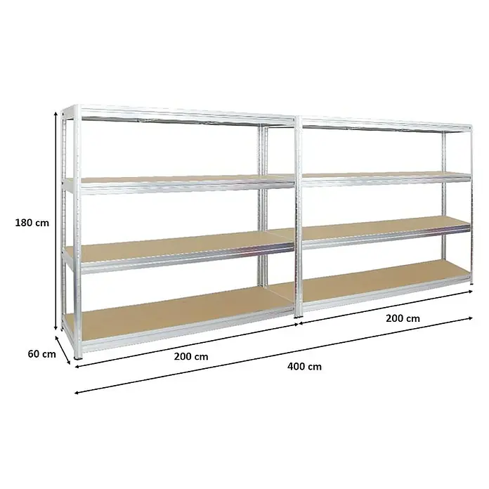 Proregal Schwerlastregal Mega Deal DINO - Traglast pro Boden: 500 kg, Anzahl Böden: 4 Stk., Stecken, Verzinkt - Metallregal mit vier Ebenen, ideal für Lagerung und Organisation mit den Massen 180 x 200 x 60 cm.