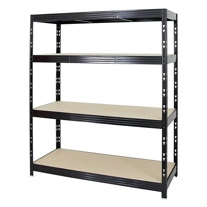 Proregal Schwerlastregal Profi RHINO - H x B x T: 180 x 160 x 60 cm, Traglast pro Boden: 500 kg, Anzahl Böden: 4 Stk., Stecken, Schwarz - Schwarzes Metallregal mit vier Ebenen und hellbraunen Spanplattenböden, ideal für Lagerung und Organisation in Garage oder Keller.
