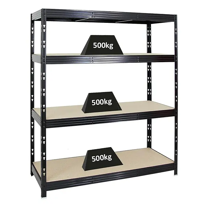 Proregal Schwerlastregal Profi RHINO - H x B x T: 180 x 160 x 60 cm, Traglast pro Boden: 500 kg, Anzahl Böden: 4 Stk., Stecken, Schwarz - Schwerlastregal mit drei Ebenen, jede mit 500kg belastet, für Lagerung und Organisation in Werkstatt oder Lager.