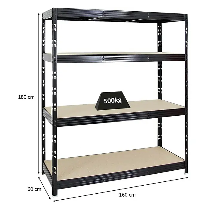 Proregal Schwerlastregal Profi RHINO - H x B x T: 180 x 160 x 60 cm, Traglast pro Boden: 500 kg, Anzahl Böden: 4 Stk., Stecken, Schwarz - Abbildung eines robusten Metallregals mit drei Ebenen, ideal für Lagerung und Organisation.