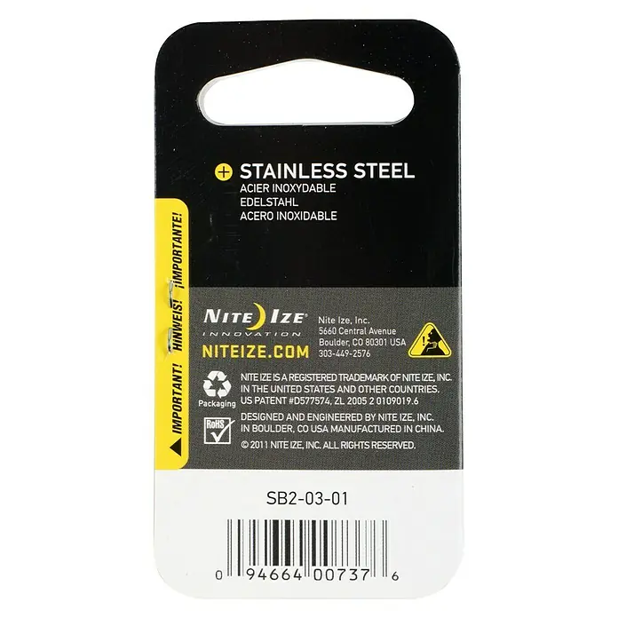 Nite Ize Mosquetón doble - 50 x 22 mm, Acero inoxidable, Negro, Carga soportada: 4,5 kg - Embalaje del producto de acero inoxidable Nite Ize con código de barras, señalando el acero inoxidable e información importante sobre patentes y fabricación.