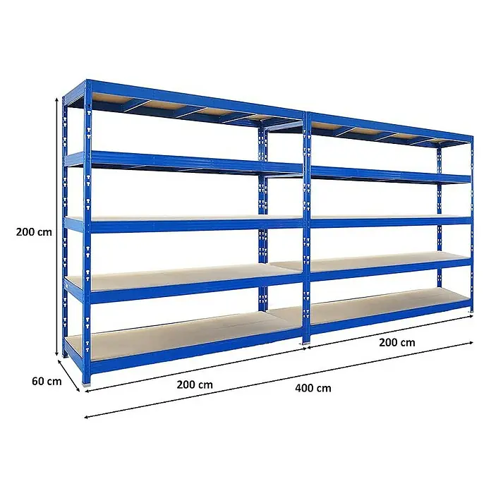 Proregal Schwerlastregal Mega Deal Profi RHINO - Traglast pro Boden: 500 kg, Anzahl Böden: 5 Stk., Stecken, Schwarz - Regal mit vier Ebenen und den Maßen 200 cm hoch, 200 cm breit und 60 cm tief. Das Lagerregal ist blau und hat helle Einlegeböden.