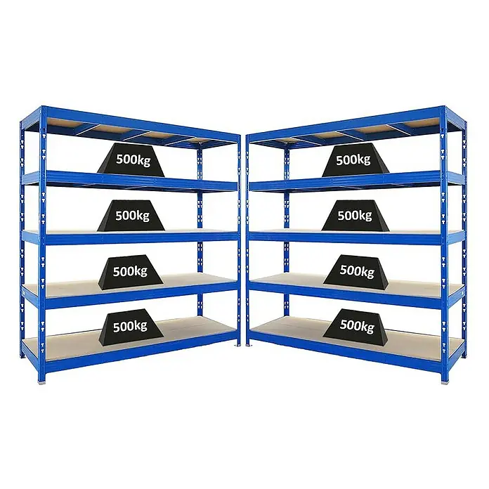 Proregal Schwerlastregal Mega Deal Profi RHINO - Traglast pro Boden: 500 kg, Anzahl Böden: 5 Stk., Stecken, Schwarz - Zwei blaue Metallregale mit jeweils vier Ebenen, die mit Gewichten von je 500 kg belastet sind. Robuste Lagerlösung für schwere Lasten.