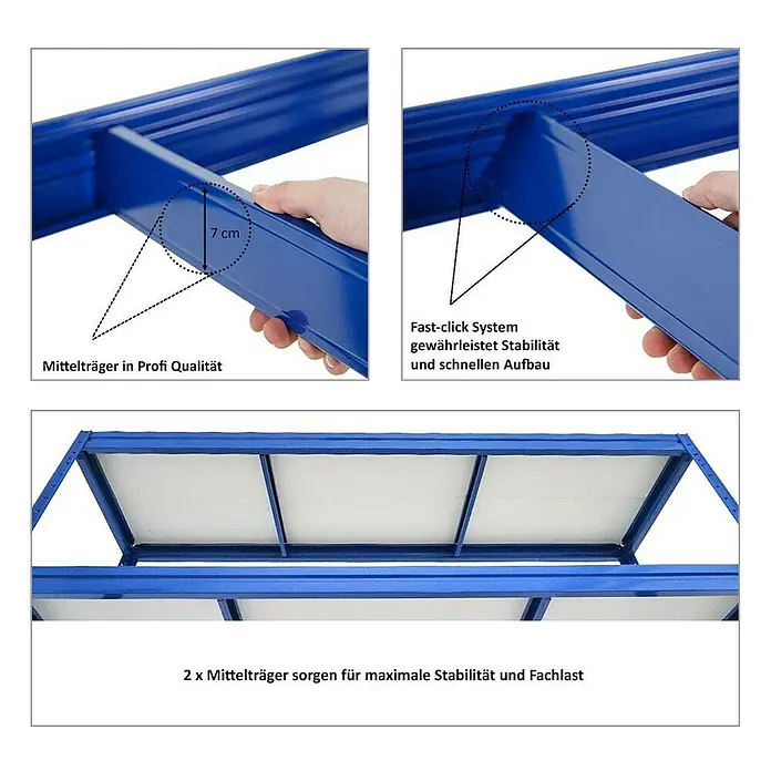 Proregal Schwerlastregal Mega Deal DINO - H x B x T: 180 x 200 x 60 cm, Traglast pro Boden: 500 kg, Anzahl Böden: 4 Stk., Stecken, Blau - Regal-Detailansicht mit Fokus auf das Fast-Click-System für Stabilität und schnellen Aufbau, inklusive Maßangabe und Hinweisen zur Qualität.