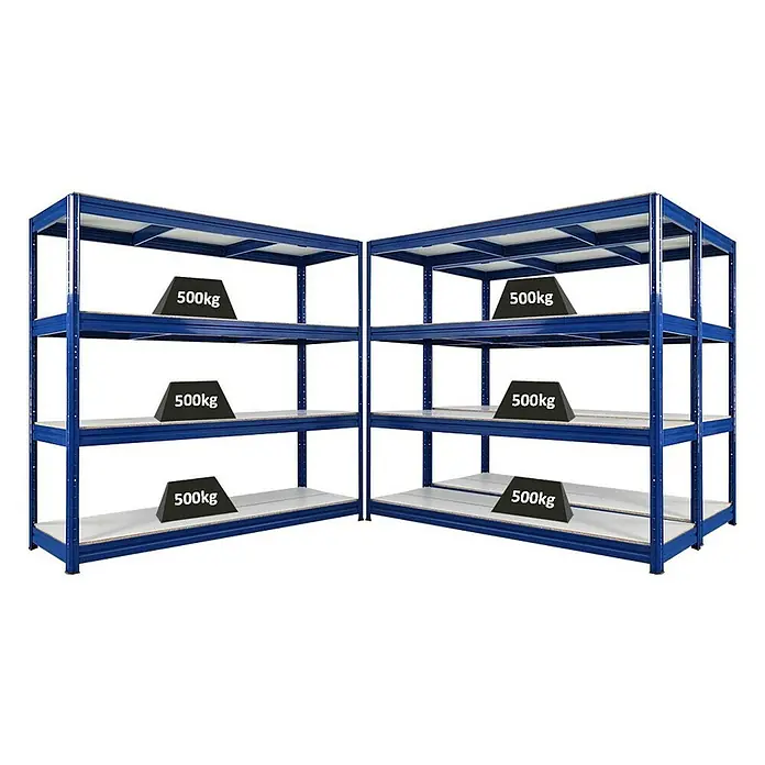 Proregal Schwerlastregal Mega Deal DINO - H x B x T: 180 x 200 x 60 cm, Traglast pro Boden: 500 kg, Anzahl Böden: 4 Stk., Stecken, Blau - Abbildung von zwei blauen Metallregalen mit vier Ebenen, die jeweils mit einem Gewicht von 500 kg belastet sind.