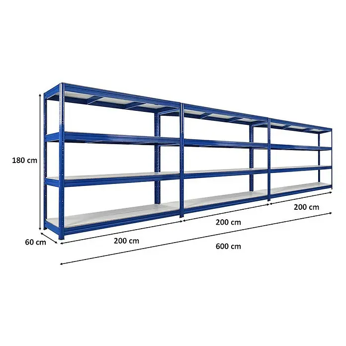 Proregal Schwerlastregal Mega Deal DINO - H x B x T: 180 x 200 x 60 cm, Traglast pro Boden: 500 kg, Anzahl Böden: 4 Stk., Stecken, Blau - Regal mit blauen Metallrahmen und drei Regalebenen, Abmessungen sind angegeben.