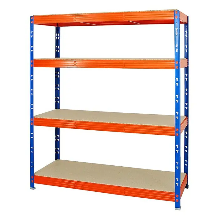 Proregal Schwerlastregal Profi RHINO - H x B x T: 180 x 160 x 60 cm, Traglast pro Boden: 500 kg, Anzahl Böden: 4 Stk., Stecken, Blau - Das Bild zeigt ein blau-oranges Lagerregal mit vier Ebenen, das ideal für die Aufbewahrung verschiedener Gegenstände ist.