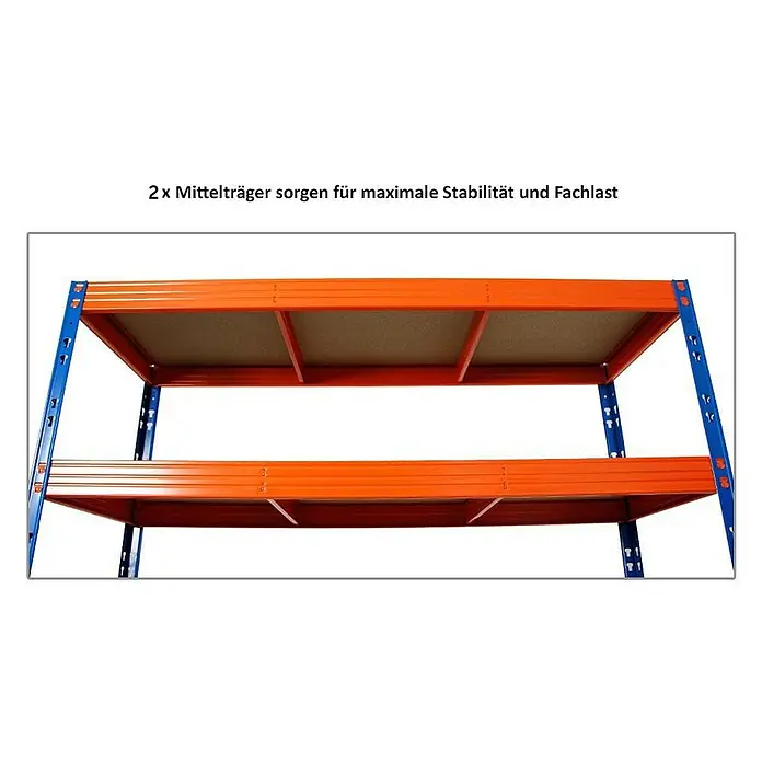 Proregal Schwerlastregal Profi RHINO - H x B x T: 180 x 160 x 60 cm, Traglast pro Boden: 500 kg, Anzahl Böden: 4 Stk., Stecken, Blau - Regal mit zwei orangefarbenen Regalebenen und blauen Rahmen für maximale Stabilität und Fachlast.