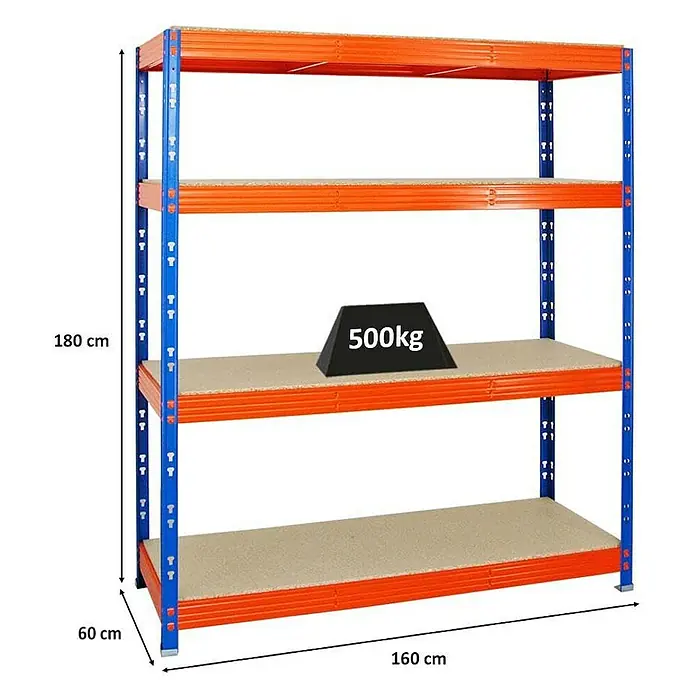 Proregal Schwerlastregal Profi RHINO - H x B x T: 180 x 160 x 60 cm, Traglast pro Boden: 500 kg, Anzahl Böden: 4 Stk., Stecken, Blau - Bild eines blauen und orangen Lagerregals mit vier Ebenen und einer Traglast von 500 kg.