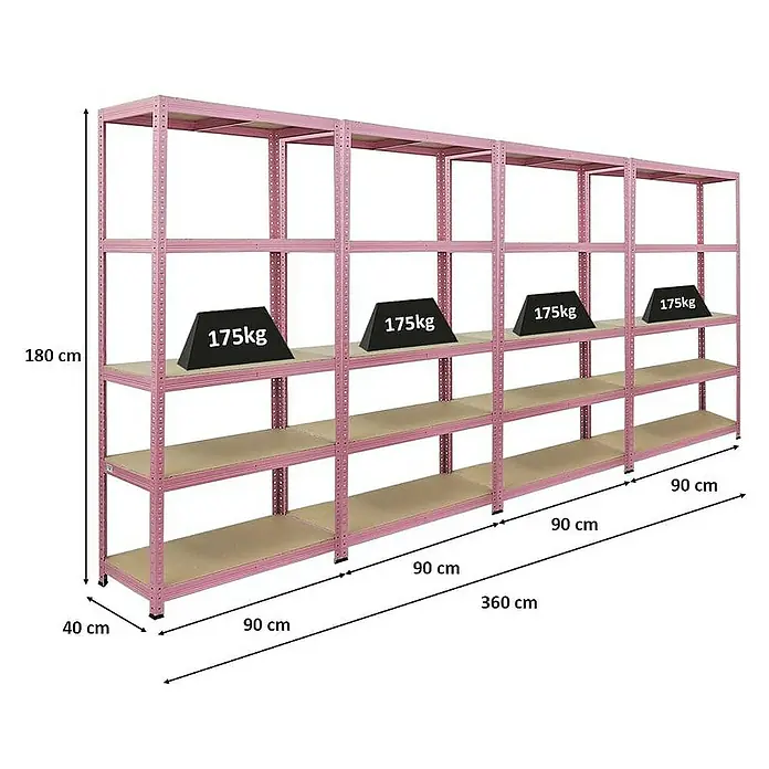 Proregal Schwerlastregal Mega Deal PINK LADY - Traglast pro Boden: 175 kg, Anzahl Böden: 5 Stk., Stecken, Rosa - Ein rosa Schwerlastregal mit vier Ebenen und einer Traglast von 175 kg pro Ebene, ideal für Lagerung und Organisation.