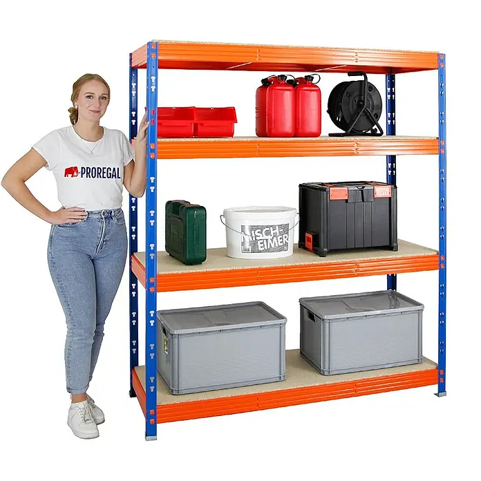 Proregal Schwerlastregal Profi RHINO - H x B x T: 180 x 160 x 60 cm, Traglast pro Boden: 500 kg, Anzahl Böden: 4 Stk., Stecken, Blau - Ein vielseitiges Proregal-Lagerregal mit vier Ebenen, das verschiedene Gegenstände hält.