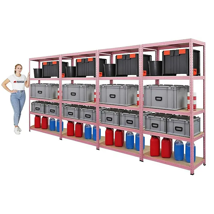 Proregal Schwerlastregal Mega Deal PINK LADY - Traglast pro Boden: 175 kg, Anzahl Böden: 5 Stk., Stecken, Rosa - Bild eines pinkfarbenen Schwerlastregals mit Lagerbehältern in verschiedenen Größen, das eine optimale Lagerlösung bietet.