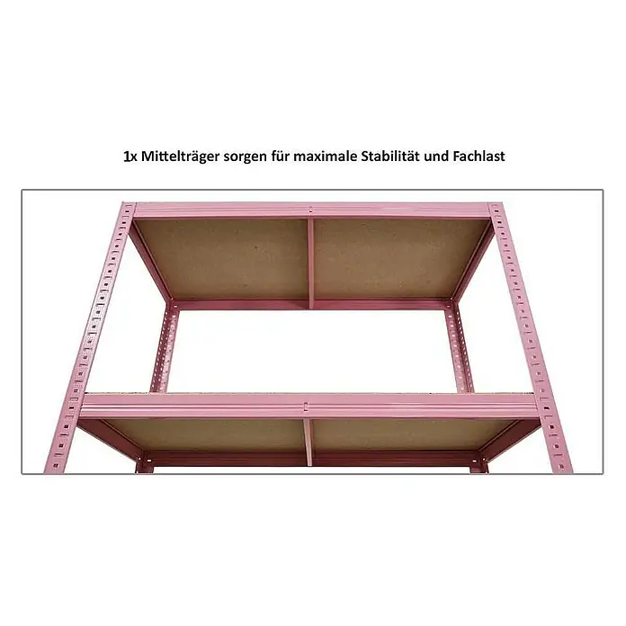 Proregal Schwerlastregal Mega Deal PINK LADY - Traglast pro Boden: 175 kg, Anzahl Böden: 5 Stk., Stecken, Rosa - Das Bild zeigt ein stabiles, rosafarbenes Regal mit zwei Regalböden und einem Mittelträger, der für maximale Stabilität und hohe Fachlast sorgt.