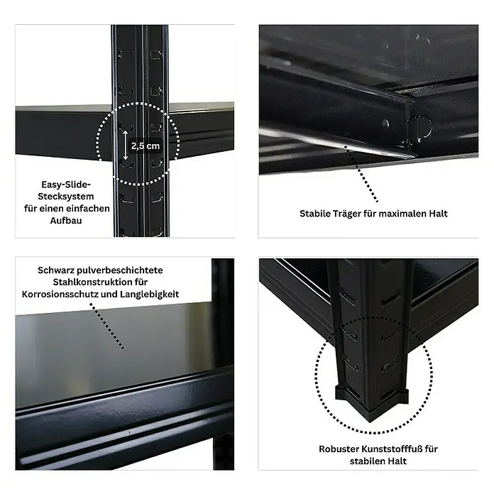 Proregal Metallregal Ragnar - Traglast pro Boden: 125 kg, Anzahl Böden: 5 Stk., Stecken, Schwarz - Detailansicht eines schwarzen Lagerregals mit Easy-Slide-Stecksystem, stabilen Trägern, pulverbeschichteter Stahlkonstruktion und Kunststofffuß.