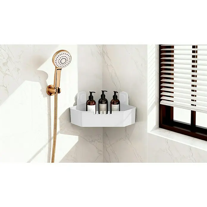 Venus Eckduschkorb Orsa - 14,7 x 27,6 x 27,6 cm, Weiß - Eckregal mit Shampoo-Flaschen und Duschkopf. Ideal zur Aufbewahrung von Badutensilien, praktisch für Badezimmer und Dusche, bietet zusätzlichen Stauraum.