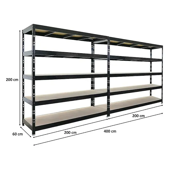 Proregal Schwerlastregal Mega Deal Profi RHINO - Traglast pro Boden: 500 kg, Anzahl Böden: 5 Stk., Stecken, Schwarz - Ein langes, schwarzes Schwerlastregal mit fünf Ebenen und Maßangaben zur Orientierung.