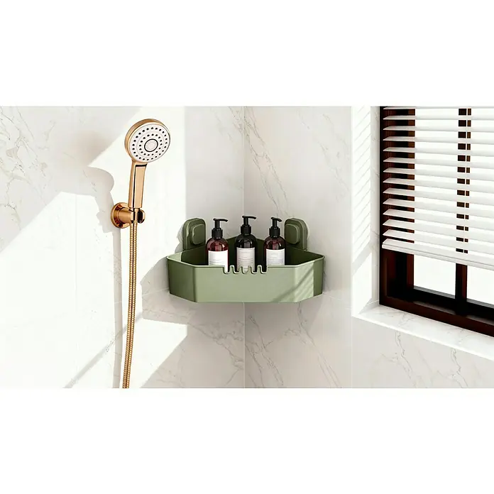 Venus Eckduschkorb Orsa - 14,7 x 27,6 x 27,6 cm, Grün - Badezimmer-Eckregal mit Duschkopf und Behältern für Shampoo und Duschgel. Praktische Lösung für die Organisation von Badezimmerartikeln.