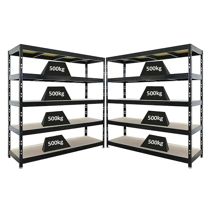Proregal Schwerlastregal Mega Deal Profi RHINO - Traglast pro Boden: 500 kg, Anzahl Böden: 5 Stk., Stecken, Schwarz - Zwei Regale aus Metall mit je vier Ebenen, auf denen je ein 500kg Gewicht platziert ist. Ideal zur Lagerung schwerer Gegenstände.