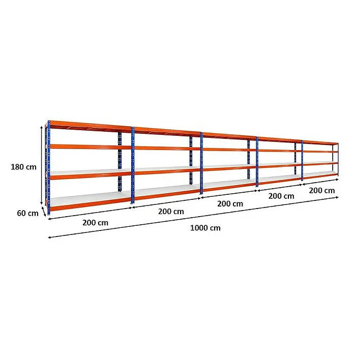 Proregal Schwerlastregal Mega Deal Profi RHINO - Traglast pro Boden: 500 kg, Anzahl Böden: 4 Stk., Stecken, Blau-Orange - Regalsystem mit mehreren Ebenen, ideal für Lagerhaltung, mit Abmessungen von 180 cm Höhe und 1000 cm Länge.