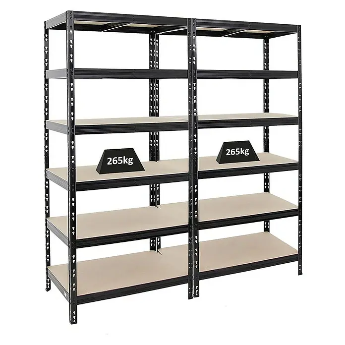 Proregal Schwerlastregal Mega Deal Giant Tiger - H x B x T: 200 x 90 x 60 cm, Traglast pro Boden: 265 kg, Anzahl Böden: 6 Stk., Stecken, Schwarz - Das Bild zeigt ein schwarzes Schwerlastregal mit Holzregalböden, wobei die Regale mit Gewichten von 265 kg belastet sind. Ideal für Werkstatt und Lager.