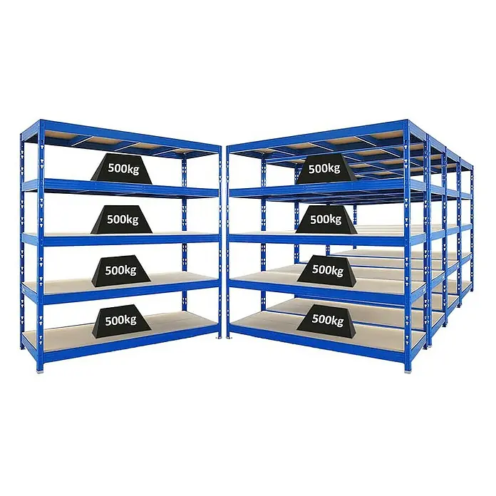Proregal Schwerlastregal Mega Deal Profi RHINO - Traglast pro Boden: 500 kg, Anzahl Böden: 5 Stk., Stecken, Schwarz - Blaue Schwerlastregale mit Holzregalböden und Gewichten von 500 kg.