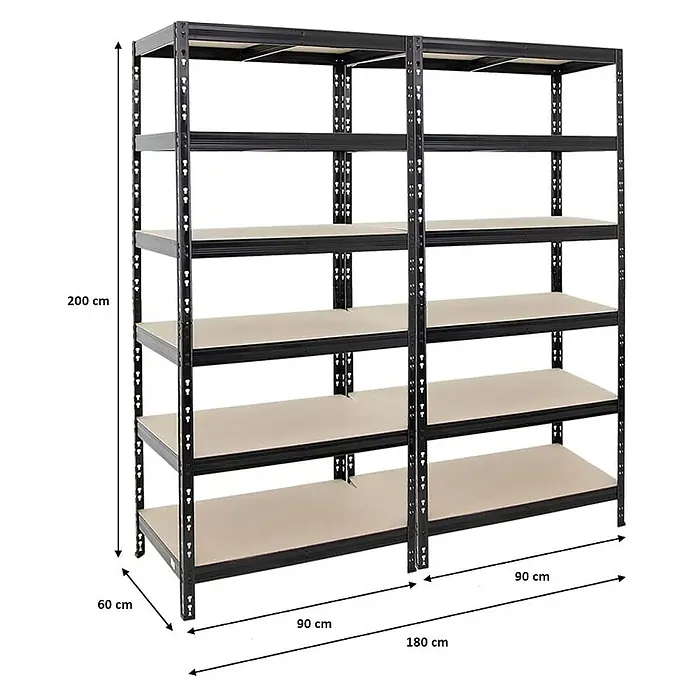 Proregal Schwerlastregal Mega Deal Giant Tiger - H x B x T: 200 x 90 x 60 cm, Traglast pro Boden: 265 kg, Anzahl Böden: 6 Stk., Stecken, Schwarz - Das Bild zeigt ein Doppelregal aus Metall mit Holzregalböden. Es hat eine Höhe von 200 cm, eine Tiefe von 60 cm und eine Breite von 180 cm.