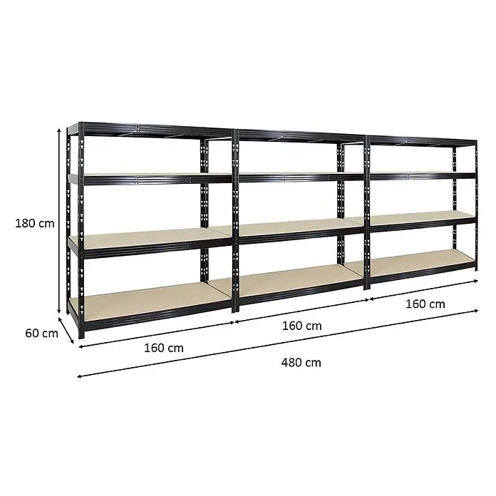 Proregal Schwerlastregal Mega Deal Profi RHINO - Traglast pro Boden: 500 kg, Anzahl Böden: 4 Stk., Stecken, Schwarz - Regal mit vier Ebenen, Abmessungen 180 cm hoch, 60 cm tief und 480 cm breit, ideal zur Lagerung.