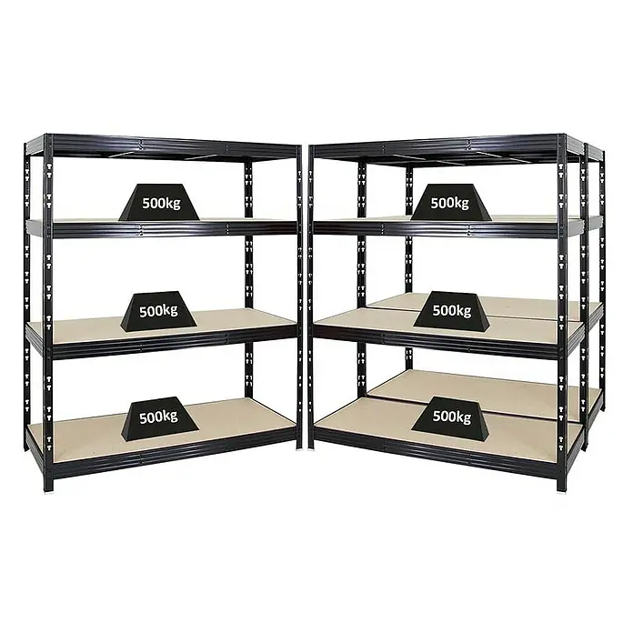 Proregal Schwerlastregal Mega Deal Profi RHINO - Traglast pro Boden: 500 kg, Anzahl Böden: 4 Stk., Stecken, Schwarz - Zwei schwarze Schwerlastregale mit jeweils drei Ablagen und jeweils 500 kg Gewicht auf jeder Ablage.