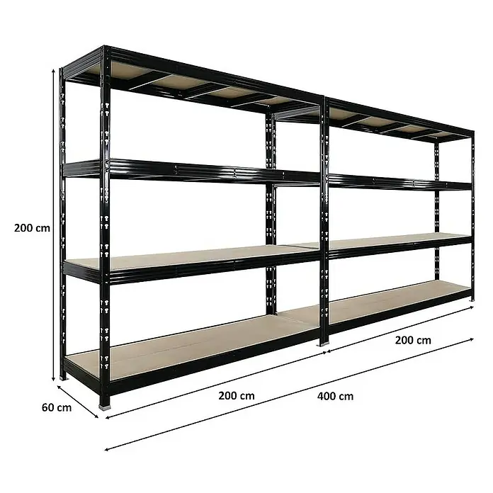 Proregal Schwerlastregal Mega Deal Profi RHINO - Traglast pro Boden: 500 kg, Anzahl Böden: 4 Stk., Stecken, Schwarz - Abbildung eines schwarzen Metallregals mit vier Ebenen und den Maßen 200 x 60 x 200 cm.