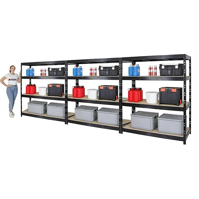 Proregal Schwerlastregal Mega Deal Profi RHINO - Traglast pro Boden: 500 kg, Anzahl Böden: 4 Stk., Stecken, Schwarz - Das Bild zeigt ein Schwerlastregal mit drei Ebenen, beladen mit Boxen und Behältern, ideal für Lagerung und Organisation in Werkstatt oder Garage.