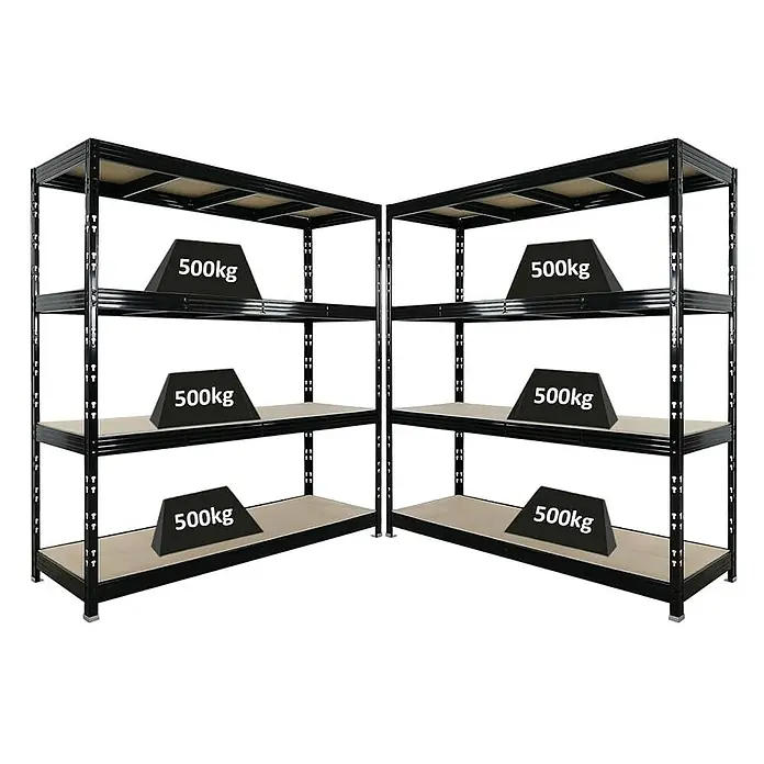 Proregal Schwerlastregal Mega Deal Profi RHINO - Traglast pro Boden: 500 kg, Anzahl Böden: 4 Stk., Stecken, Schwarz - Regale mit jeweils 500kg Gewichten auf den Ebenen, ideal für die Lagerung schwerer Gegenstände.