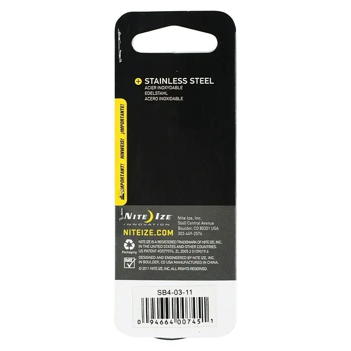 Nite Ize Doppelkarabiner - 89 x 38 mm, Edelstahl, Silber, Belastbarkeit: 33 kg - Verpackung der Nite Ize Edelstahl-Produkte mit Produktdetails und Barcode.