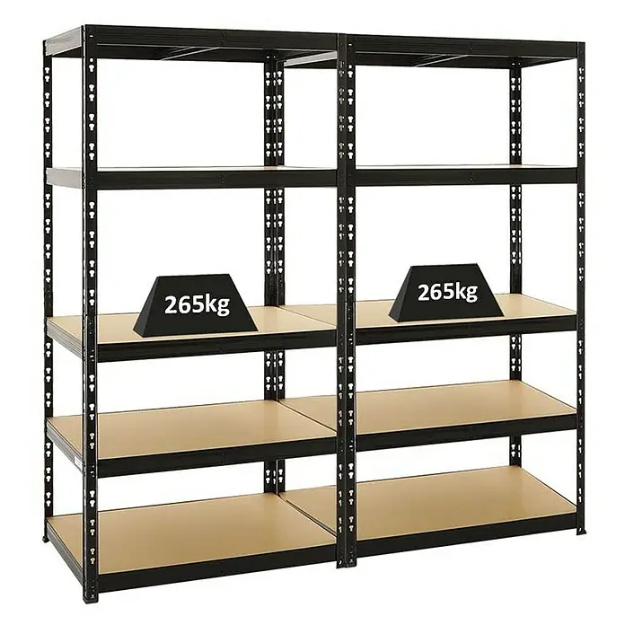Proregal Schwerlastregal Mega Deal Tiger - H x B x T: 180 x 180 x 60 cm, Traglast pro Boden: 265 kg, Anzahl Böden: 5 Stk., Stecken, Schwarz - Abbildung von zwei schwarzen Metallregalen mit Holzböden, wobei jedes Regal mit einem Gewicht von 265 kg belastet ist.