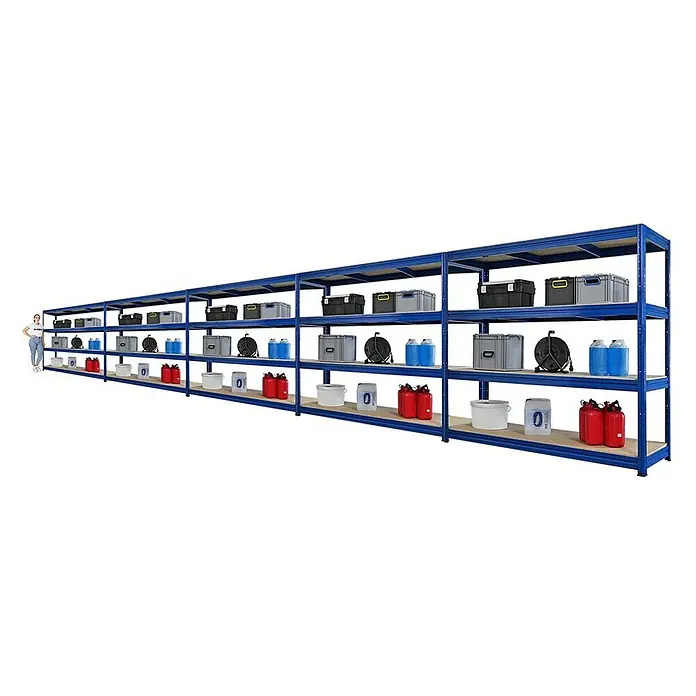 Proregal Schwerlastregal Mega Deal DINO - H x B x T: 180 x 200 x 60 cm, Traglast pro Boden: 500 kg, Anzahl Böden: 4 Stk., Stecken, Blau - Lagerregal mit vier Ebenen, beladen mit verschiedenen Behältern und Werkzeugen, ideal für die Organisation von Lagerbeständen.