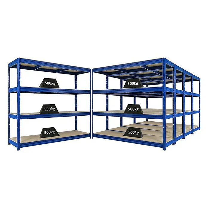 Proregal Schwerlastregal Mega Deal DINO - H x B x T: 180 x 200 x 60 cm, Traglast pro Boden: 500 kg, Anzahl Böden: 4 Stk., Stecken, Blau - Regal mit vier Ebenen und Belastungsgewichten, das die robuste Konstruktion und Tragfähigkeit des Schwerlastregals zeigt.