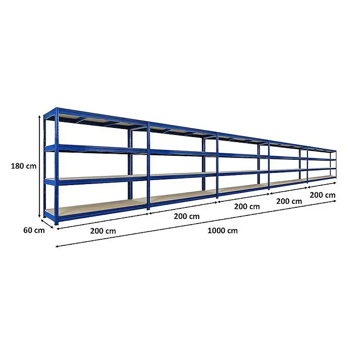 Proregal Schwerlastregal Mega Deal DINO - H x B x T: 180 x 200 x 60 cm, Traglast pro Boden: 500 kg, Anzahl Böden: 4 Stk., Stecken, Blau - Abbildung eines blauen Lagerregals mit vier Ebenen, mit Maßangaben für Höhe, Tiefe und Gesamtlänge.