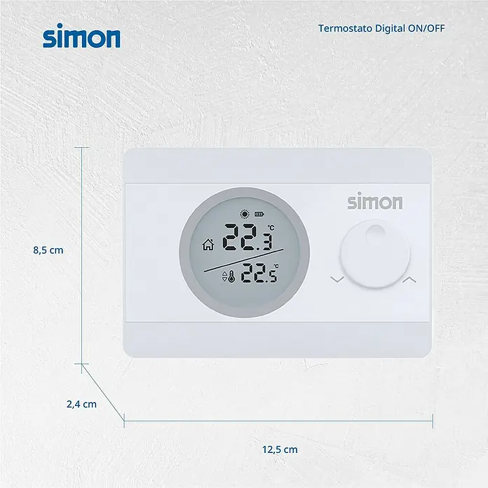 Simon Termostato digital - Programador mecánico - La imagen muestra un termostato digital ON/OFF de Simon, con dimensiones especificadas. El termostato es blanco y tiene un display con lectura de temperatura.