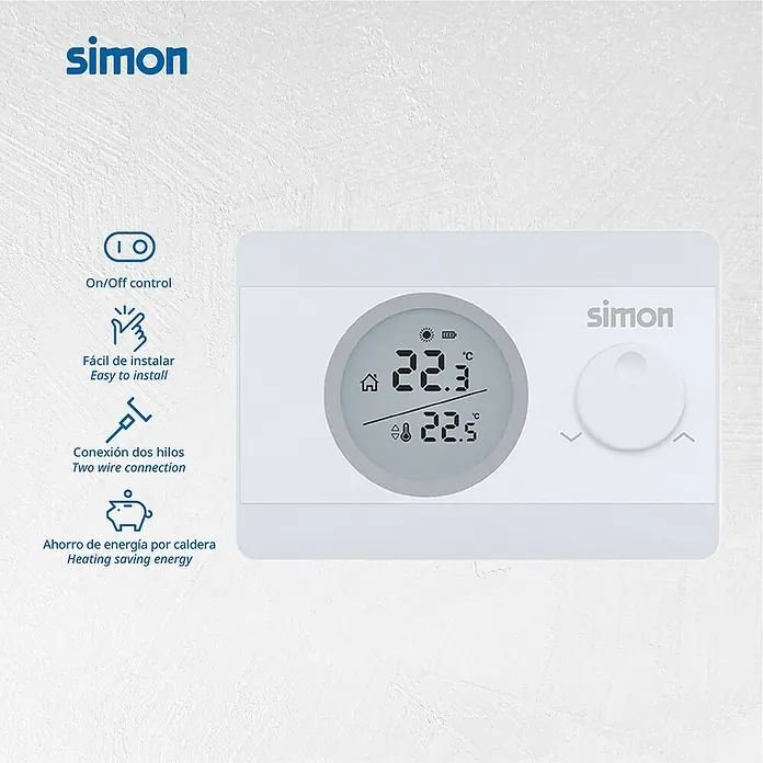 Simon Termostato digital - Programador mecánico - Imagen de un termostato Simon blanco con pantalla digital y un dial para el control de la temperatura.