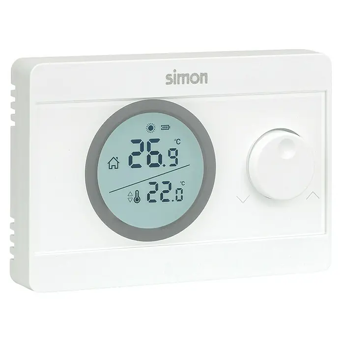 Simon Termostato digital - Programador mecánico - Termostato blanco Simon con pantalla digital y botón para ajustar la temperatura.